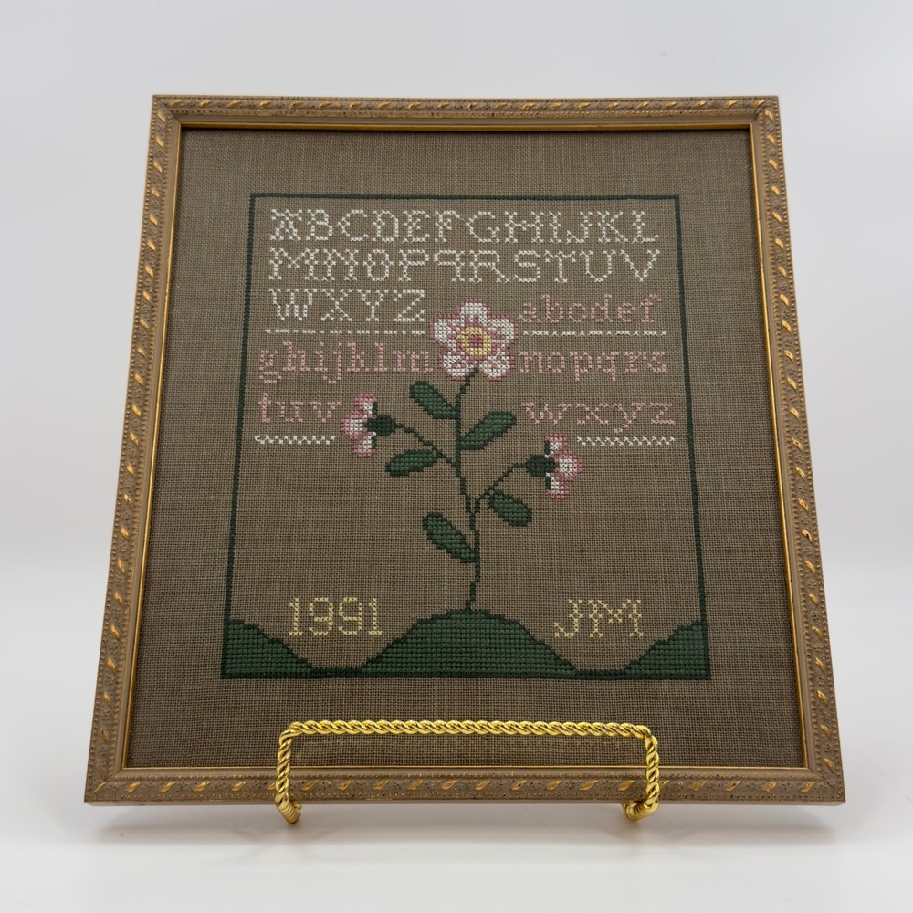 Vintage Primitive Cross Stitch Alphabet Sampler Floral Needlework